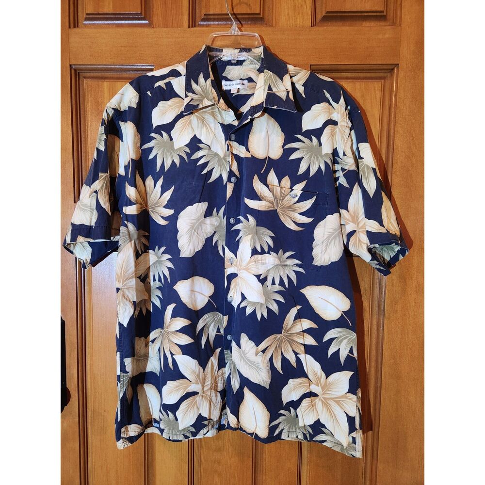 Pierre Cardin Floral Blue & Cream Button Down Hawaiian Shirt Mens Size L